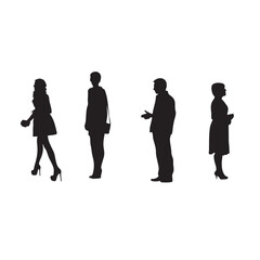 Silhouettes of four people standing in a line, representing a queue or waiting for something, with diverse gender representation