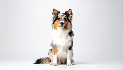 Tricolor Australian Shepherd Dog Sitting in a Studio with White Background and Soft Lighting