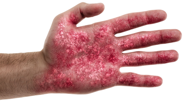 PNG of A close-up of a male hand with red, inflamed skin, showcasing the effects of a skin condition or irritation.