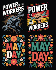 May day labor day celebratory design featuring hands wielding wrenches and floral embellishments