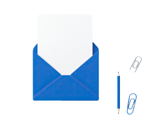Blank blue envelope with white paper, pen, and paperclips
