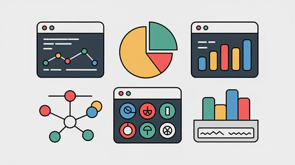 Collection of flat design icons representing data analysis business growth and scientific research