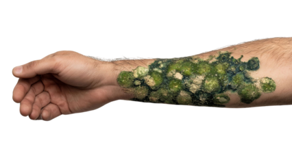 PNG of A close-up of a male forearm tattoo depicting vibrant green moss and textured elements, showcasing nature-inspired body art.