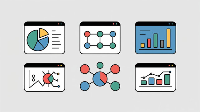 Collection of six colorful flat design icons representing different types of data visualization and charts - Powered by Adobe