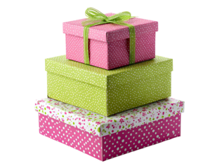Three gift boxes stacked, pastel colors.  Gift-wrapped boxes in shades of pink and green, adorned with polka dots and floral patterns.  A light-green ribbon ties the boxes