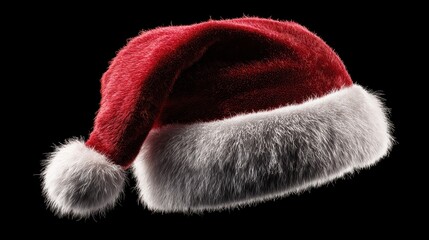 a festive santa claus hat with a red top and a white fluffy trim isolated on a black background on transparent background