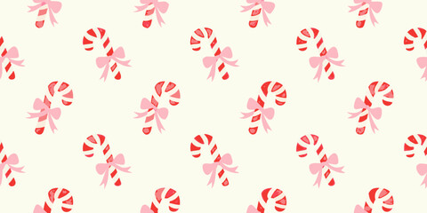 Whimsical pink bow candy cane pattern on cream background for holiday decorations