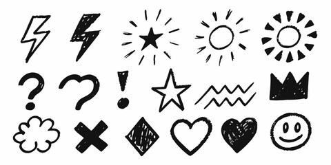 Collection of hand drawn black doodle icons and symbols on a white background