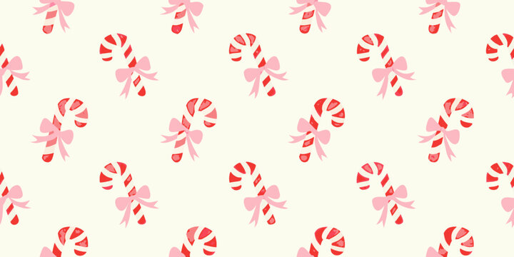 Whimsical pink bow candy cane pattern on cream background for holiday decorations