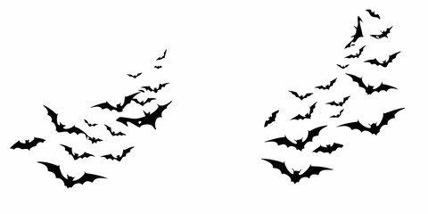A swarm of black bats flying in formation against a white background
