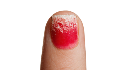 PNG of Close-up of a woman's nail with a red ombre effect, showcasing a textured, sparkly finish for a stylish look.