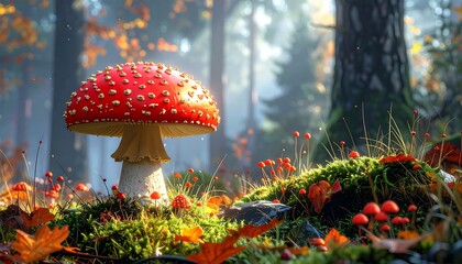 Enchanting forest scene featuring a vibrant red-capped mushroom and autumn foliage