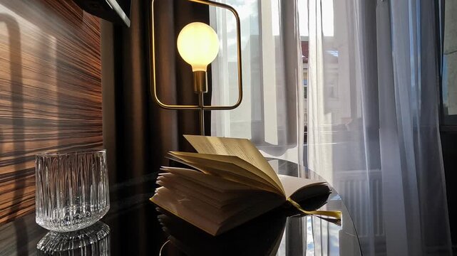 &Auml;sthetisches Stillleben: Home-Office Atmosph&auml;re mit Buch, Lampe und Glas Wasser, offenes Fenster, Vorhang bewegt sich im gem&uuml;tlicher Lesebereich