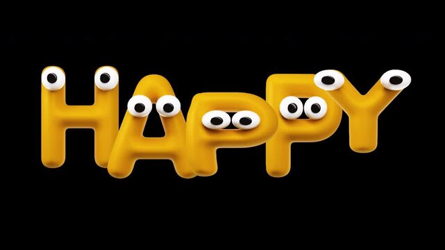 Happy - Text with Googly Eyes Cute 3D Cartoon Loop on Alpha Channel