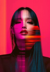 Futuristic portrait of a woman in neon pink and red light, glitch effect blending digital art and fashion. Bold cyberpunk aesthetic symbolizing technology, beauty, and modern digital identity.