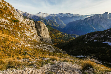 Fototapeta premium Scenic sunset view of Triglav National Park in the Julian Alps, Slovenia, Europe 