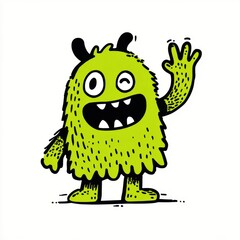 Cute green monster waving with transparent background