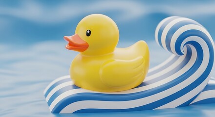 Yellow rubber bath toy swimming in water or isolated on a blue background
