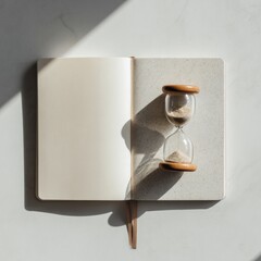 Hourglass and open notebook still life