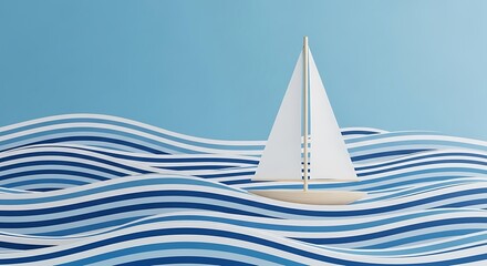 Nautical vacation vector illustration of a sailboat and yacht cruising on the ocean waves under the summer sky