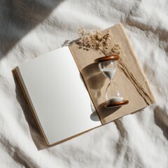 Open notebook hourglass dried flowers still life