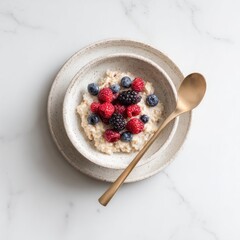 Oatmeal with berries and golden spoon