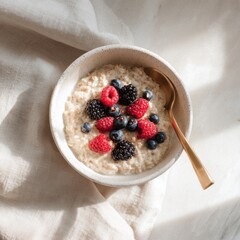 Oatmeal with berries and golden spoon