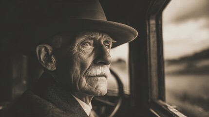 Elderly Man in Vintage Car with Countryside View in Sepia Tone