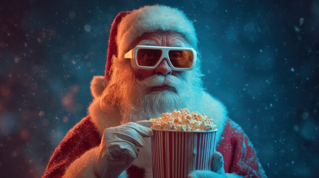 santa claus with 3d glasses and popcorn bucket christmas movie night concept