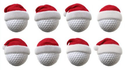 set of golf balls wearing santa hats for christmas holiday sports theme isolated on transparent background