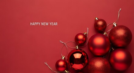 Shiny red Christmas baubles and gold ornaments on a vibrant red background, perfect for holiday celebration and winter season decoration