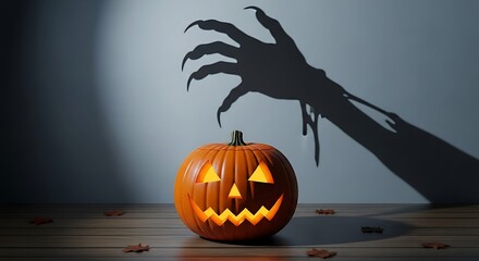 Spooky orange pumpkin jack-o'-lantern decoration with a carved evil face for a Halloween season celebration