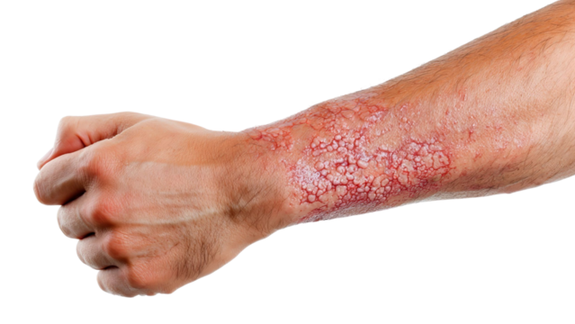 PNG of A close-up of a male arm with visible skin condition showing redness and cracks.