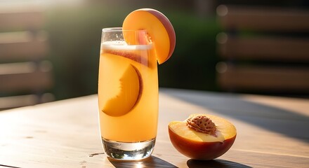Fresh orange juice in a glass on a wooden table, a healthy citrus beverage for a juicy breakfast