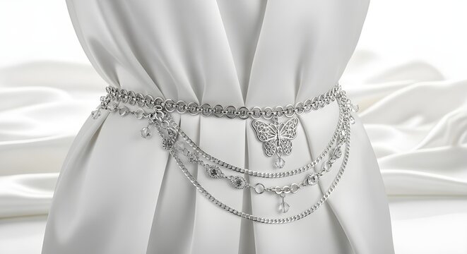 Elegant silver chain belt with sparkling rhinestones draped over white fabric
