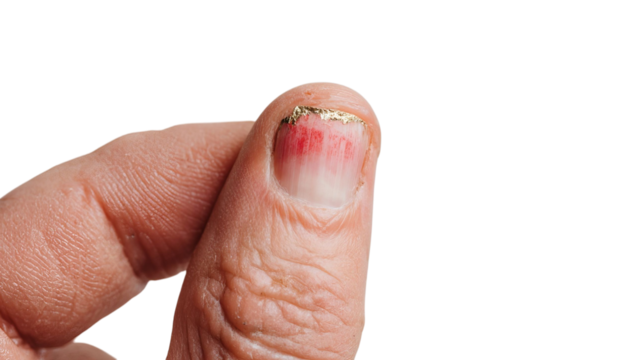 PNG of Close-up of a male hand showing a manicured thumb with a faded red and gold nail design.