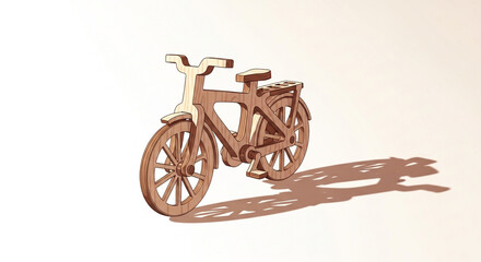 Fototapeta premium Charming wooden bicycle cutout, artfully crafted with detailed spokes and frame, casting a distinct shadow on a clean, light background, symbolizing sustainable travel and handcrafted artistry