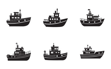 Obraz premium Set of Black and White Vector Fishing Boat Illustrations on White Background Maritime Transportation Icons and Design Elements