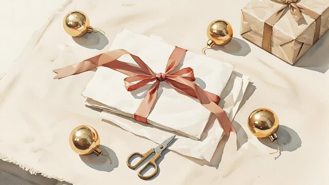 Christmas gift wrapping flat lay with ribbons, scissors, and ornaments  
