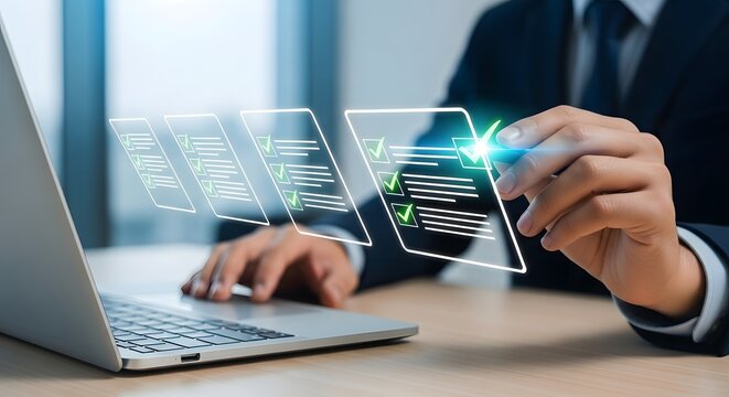 Business professional reviews digital documents on a holographic interface with a laptop