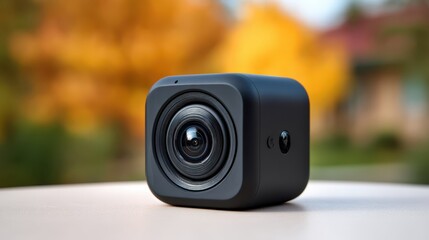 Compact black action camera with wide angle lens sits on a table outdoors