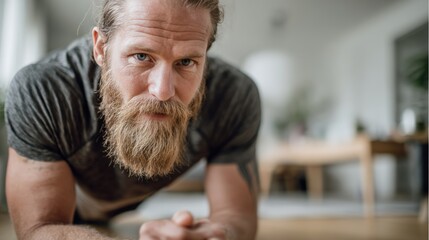 Scandinavian Man Practicing Plank in Calm Home Interior