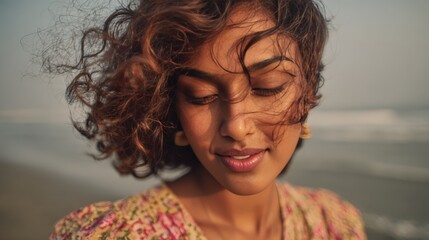 Serene Woman in Floral Dress Enjoying Ocean Breeze at Sunrise