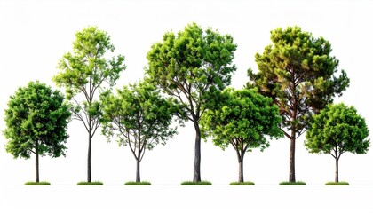 Obraz premium A Row of Green Leafy Trees of Varying Heights and Types on a White Background