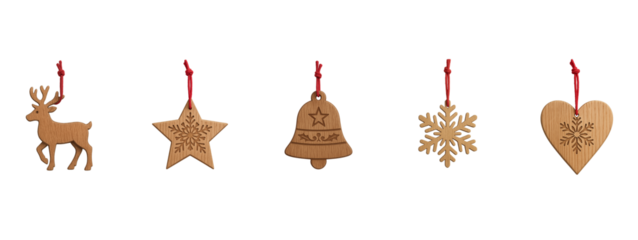 Handcrafted wooden ornaments — natural holiday decorations in reindeer, star, bell, and snowflake shapes with red cords