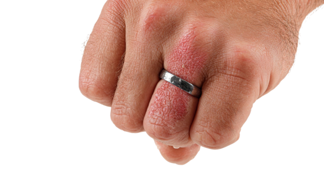 PNG of Close-up of a clenched male hand wearing a dark wedding band, symbolizing commitment and strength.
