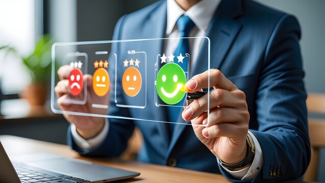 Business professional analyzes customer feedback with digital interface showing satisfaction levels