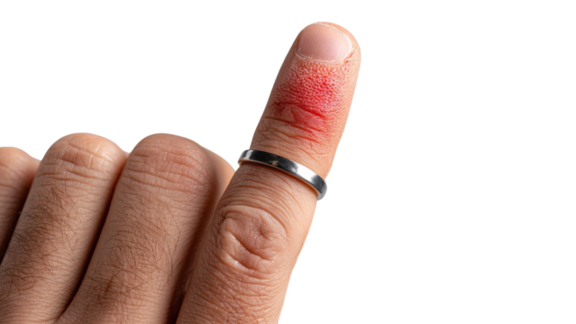 PNG of Close-up of a male hand showing a finger with a cut and a silver wedding band.