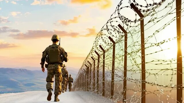 Soldiers patrolling border fence at sunset