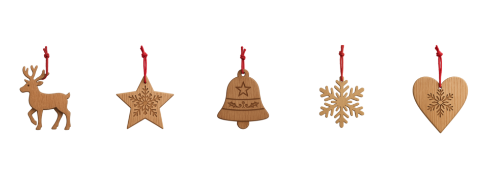 Handcrafted wooden ornaments — natural holiday decorations in reindeer, star, bell, and snowflake shapes with red cords
